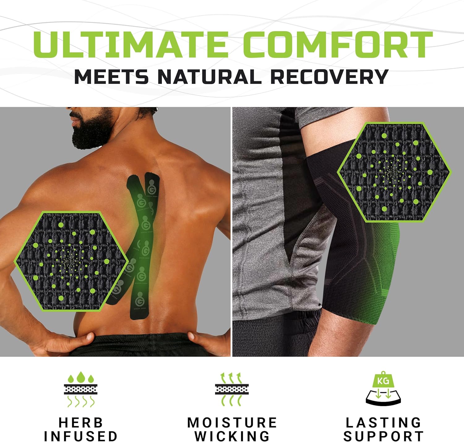 Green Drop Elbow & Calf Compression Sleeve (2-pack) and Kinesiology Tape Precut Bundle