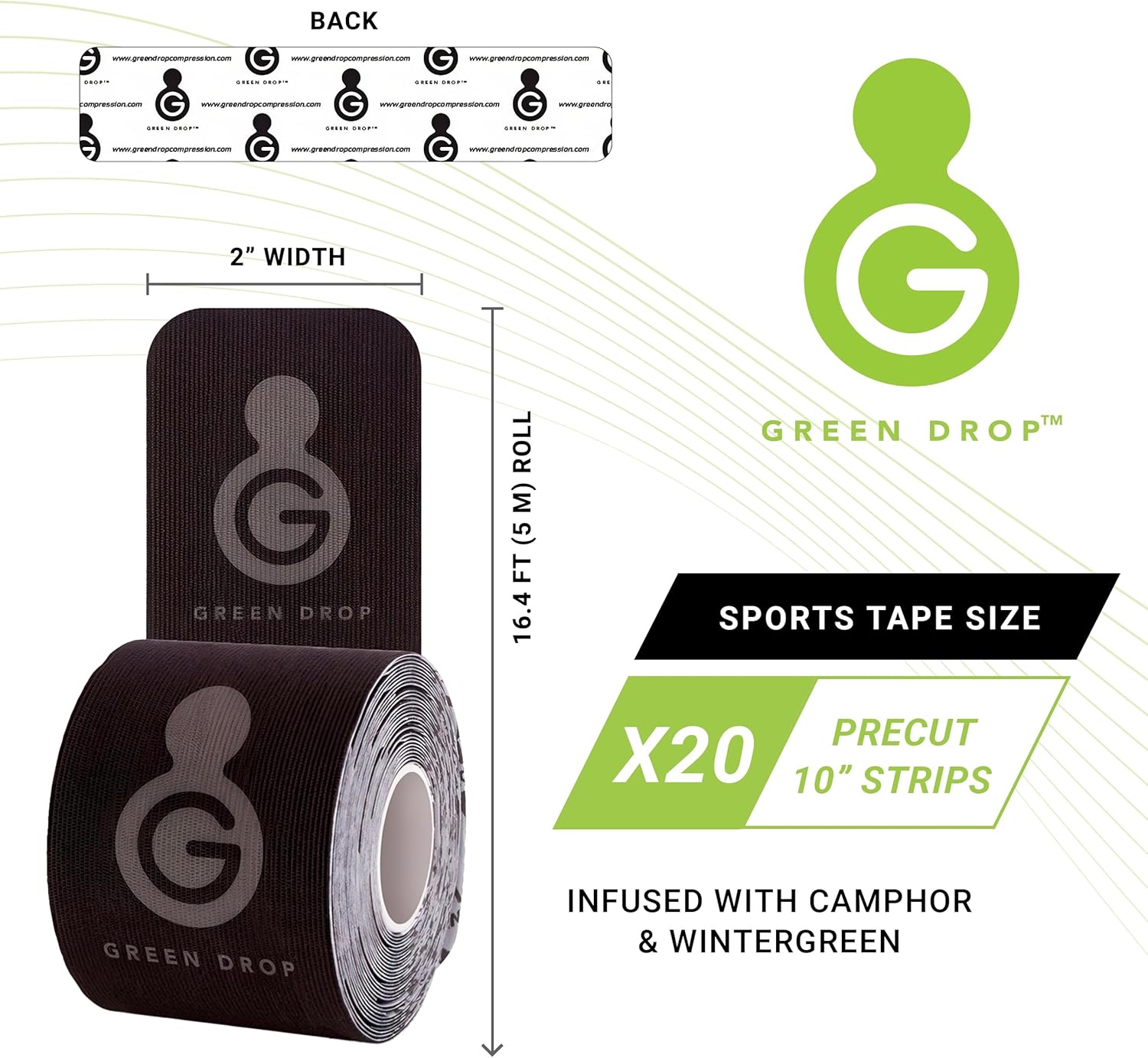 Green Drop Elbow & Calf Compression Sleeve (2-pack) and Kinesiology Tape Precut Bundle