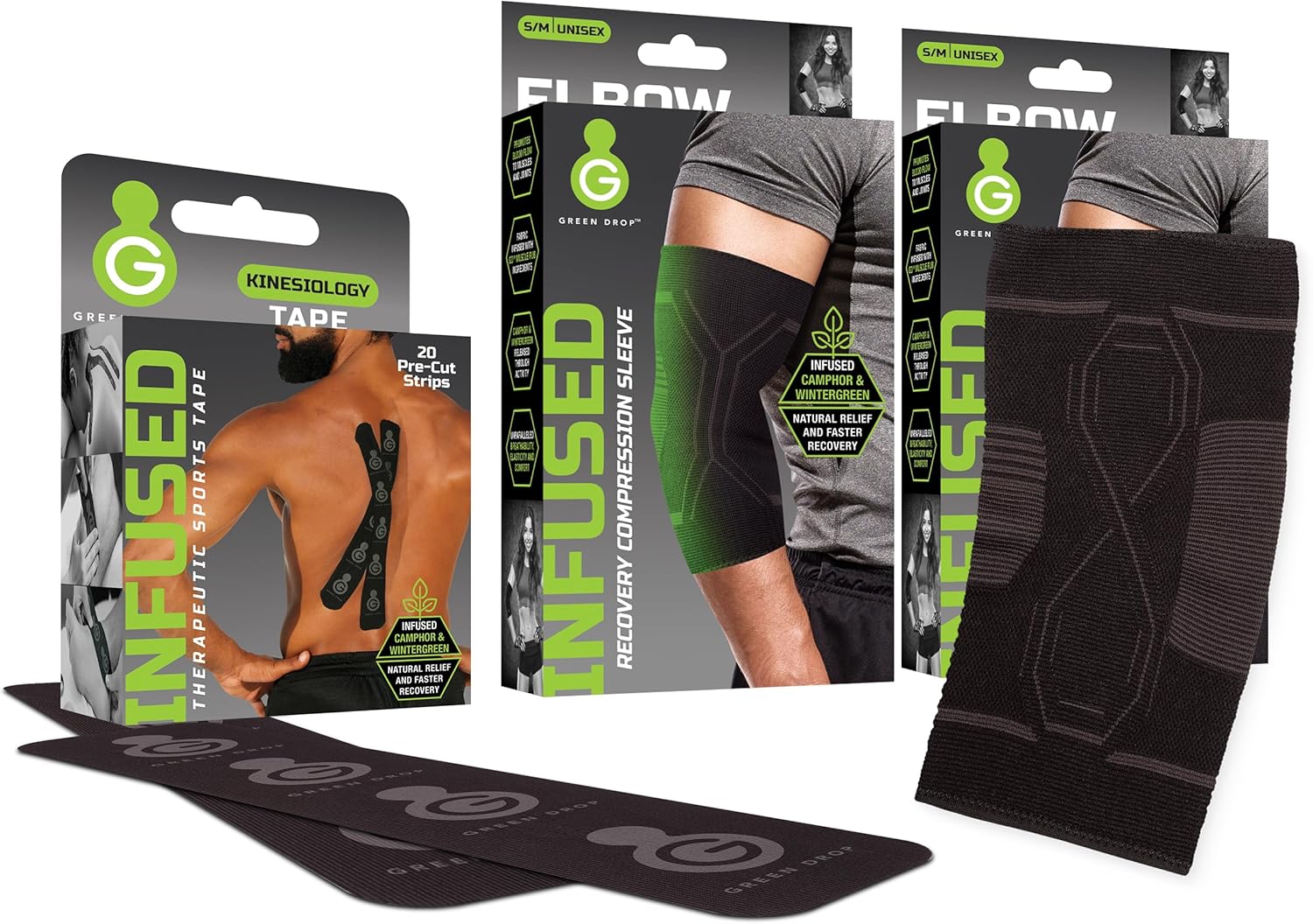 Green Drop Elbow & Calf Compression Sleeve (2-pack) and Kinesiology Tape Precut Bundle