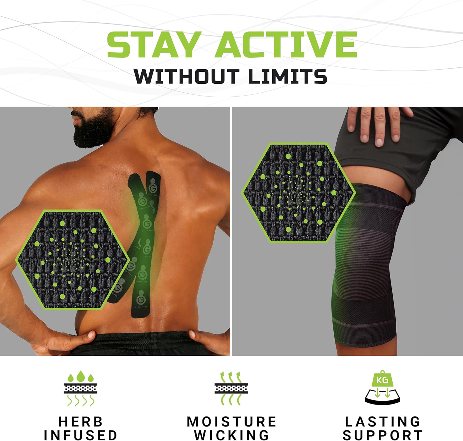 Green Drop Knee Compression Sleeve (2-pack) and Kinesiology Tape Precut Bundle